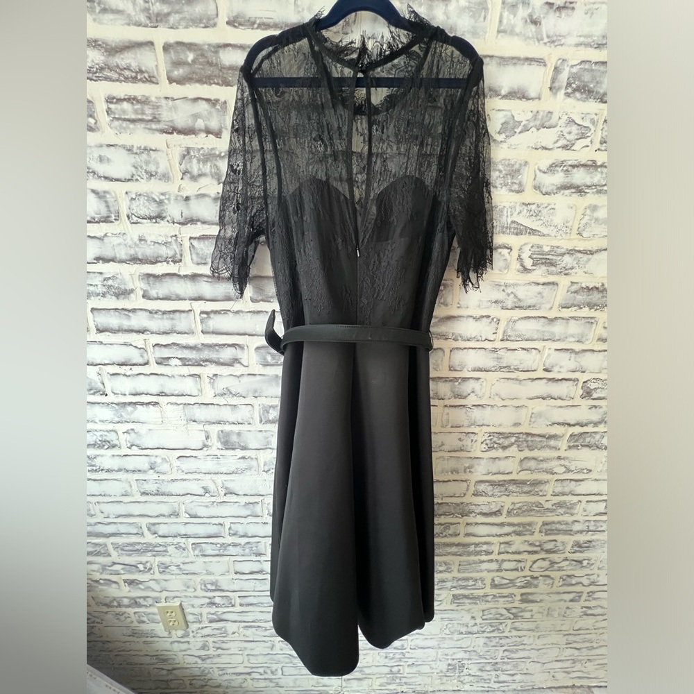 Badgley Mischka black lace top belted dress size 12 with pockets